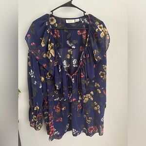 VTG Victorias Secret Top M/L Gold Label Blue Red Floral Romantic Blouse Tie Neck